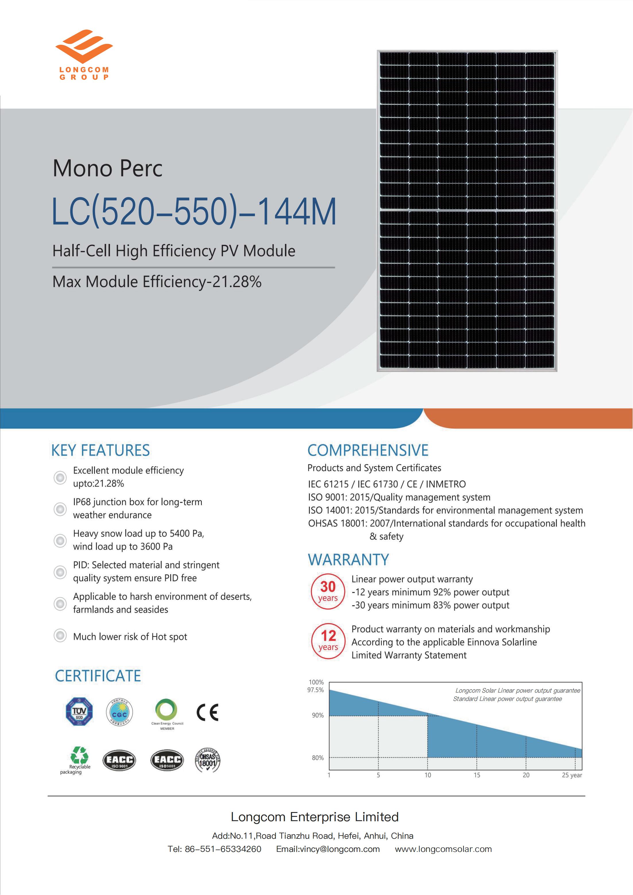 Uzun Grup Gücü 550W Monokristal 166mm M6 Yarım Kesim 144 Hücreli Güneş Paneli Mono PV Enerji Gücü