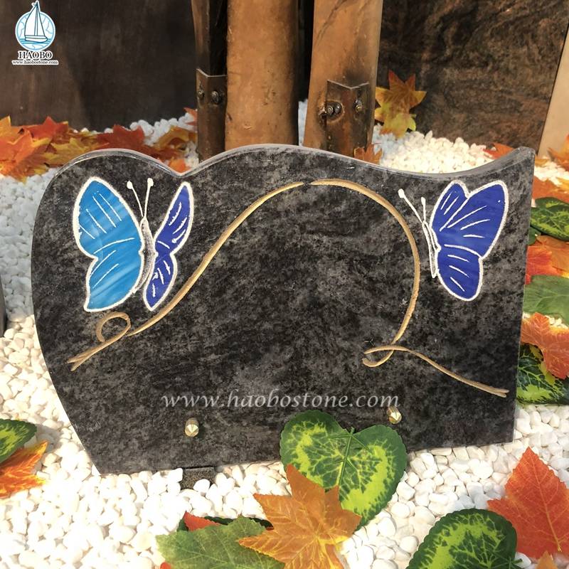 Bahama Mavi Granit Kelebek Gravür Mezar Taşı Plaketi
