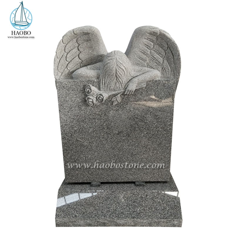 Gri Granit Gül Oyma Mezar Taşı ile Tek Ağlayan Melek

