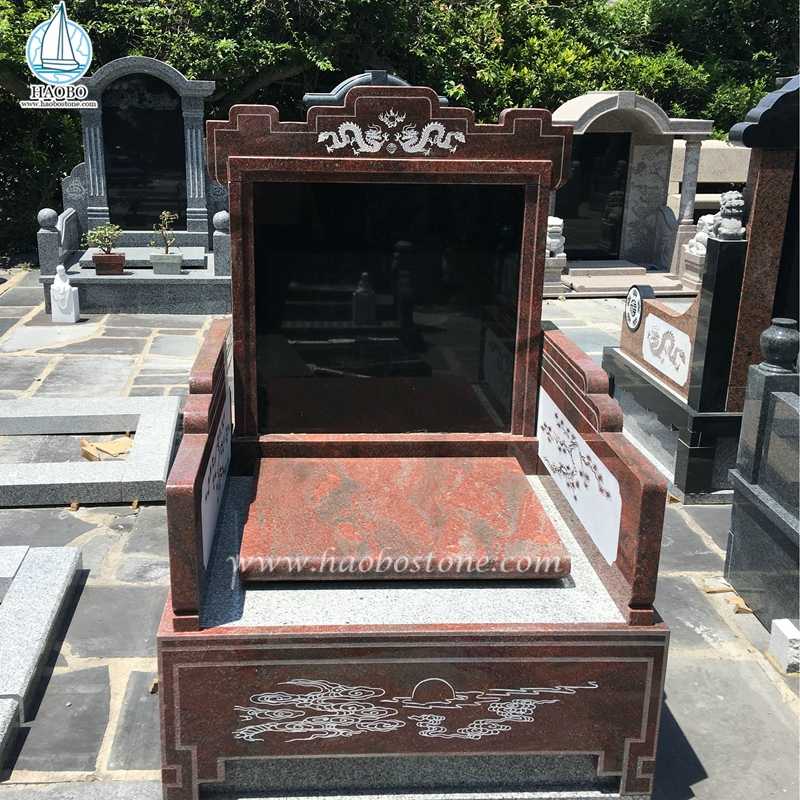 Çin Tarzı Ejderha Gravür Oyulmuş Kırmızı Granit Cenaze Mezar Taşı
