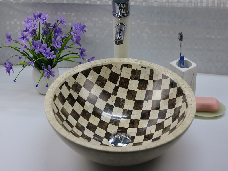 Yuvarlak şekil mermer mozaik banyo lavabosu ve lavabo
