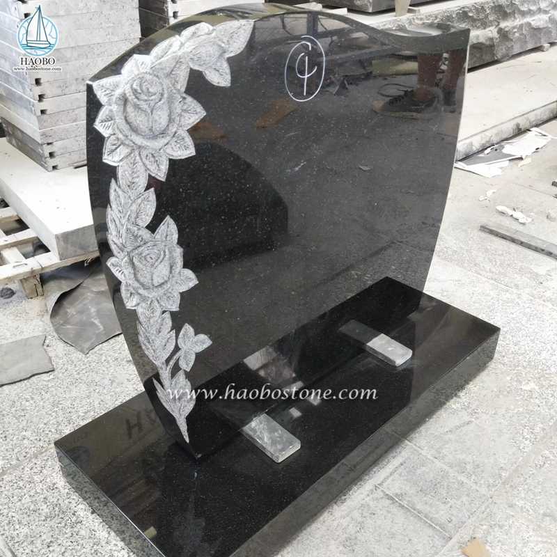 Hindistan Siyah Granit Gül Çiçek Oyma Anıt Mezar Taşı
