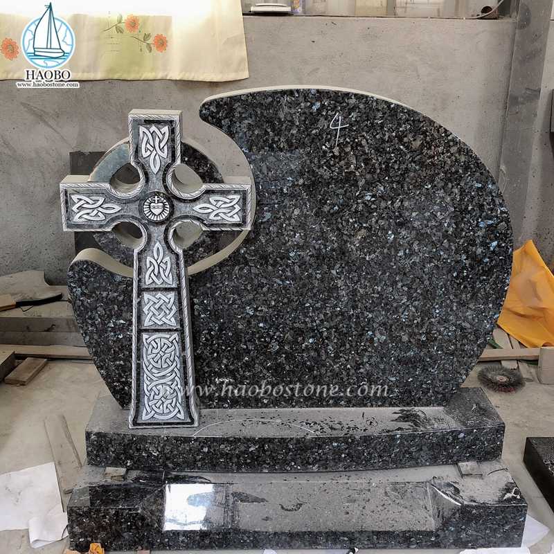 Mavi İnci Granit Kelt Haçı Oyma Cenaze Mezar Taşı

