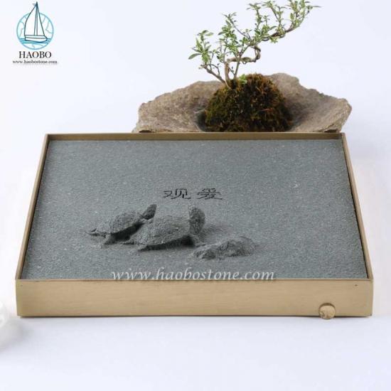 Gri Granit Özgün Tasarım Kaplumbağa Oyma Kare Çay Tepsisi
