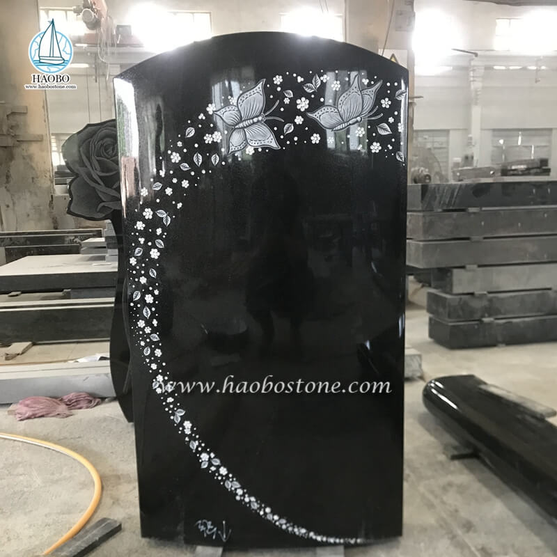 Siyah Granit Kelebek Çiçek Gravür Cenaze Anıtı Mezar Taşı
