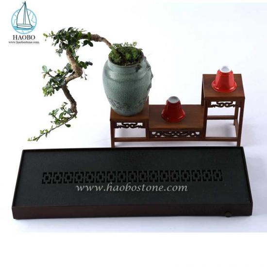 Siyah Granit Çin Tasarım Taş Oyma Dikdörtgen Çay Tepsisi
